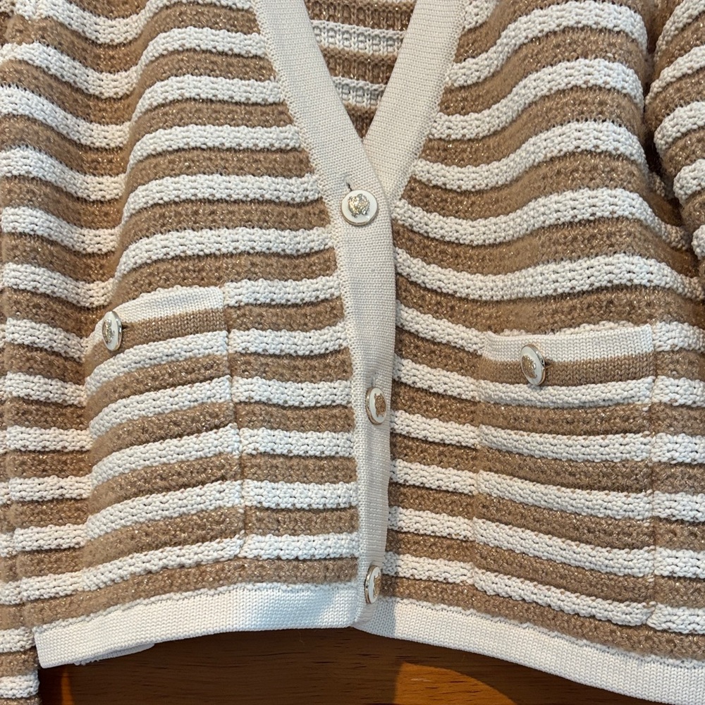 Talbots Cream and Tan Striped V-Neck Cardigan - Picture 3 of 4